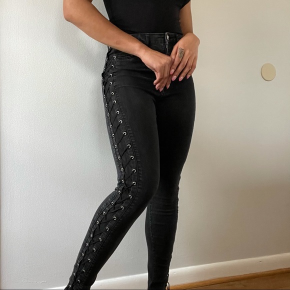 H&M Denim - H&M Black high rise lace up jeans